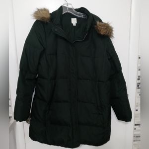 J. Jill Woman's L Forest Green Full Zip Puffer Down Parka w Faux fur trim hood
